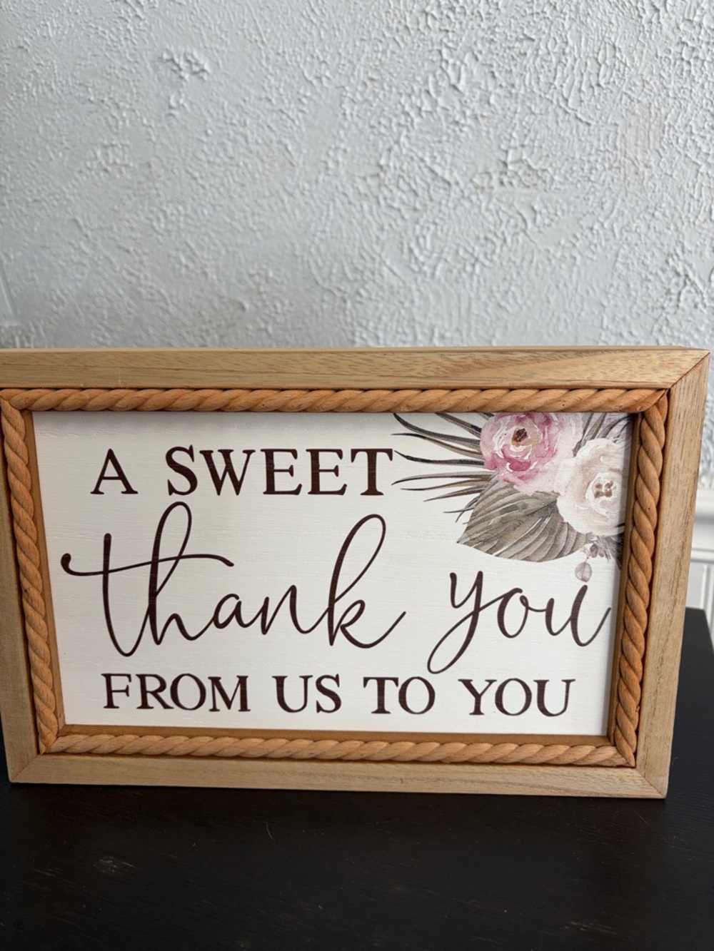 A Sweet Thank You Framed Sign - Cream & Brown with Blush Floral